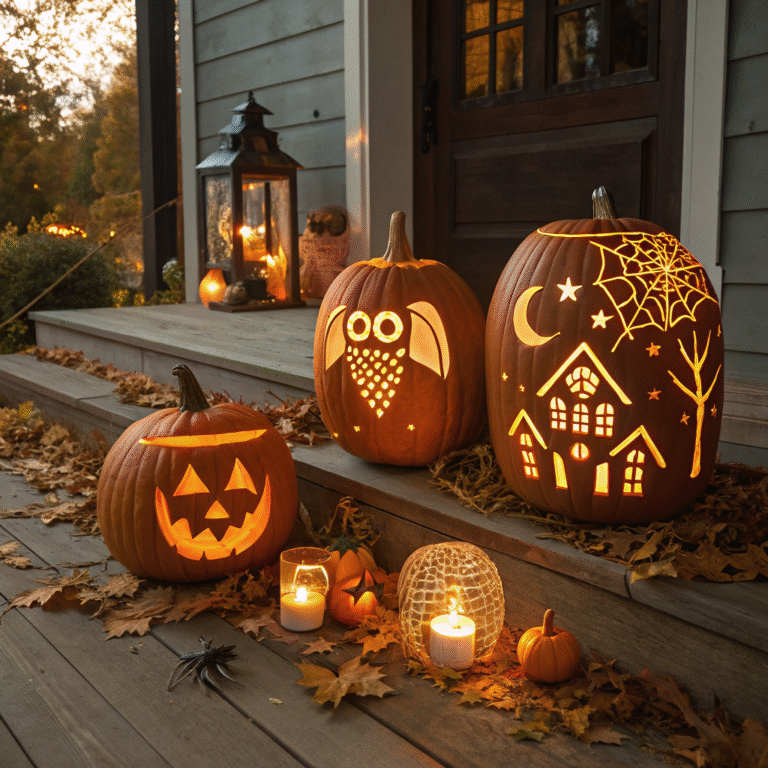 Creative pumpkin carving ideas bring Halloween to life with classic jack-o’-lanterns, spooky silhouettes, and glowing designs.