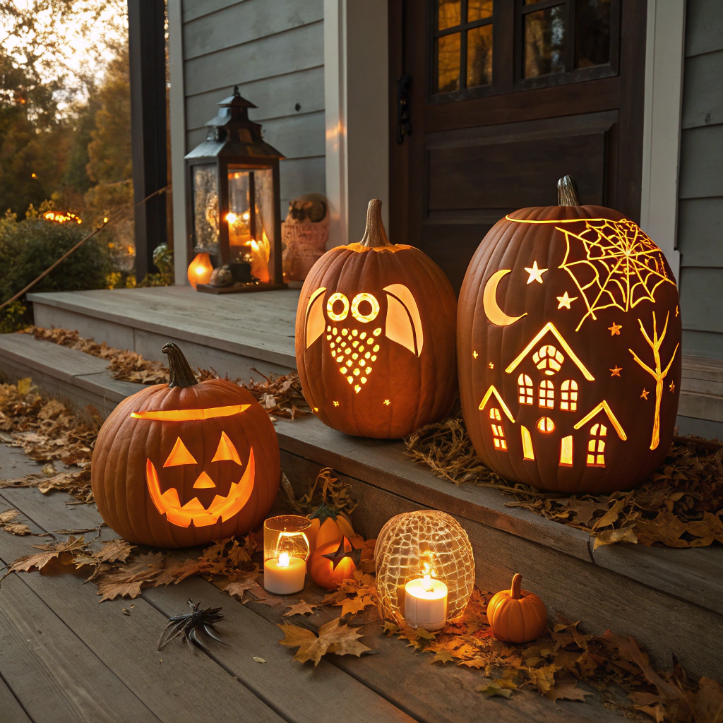 Creative pumpkin carving ideas bring Halloween to life with classic jack-o’-lanterns, spooky silhouettes, and glowing designs.