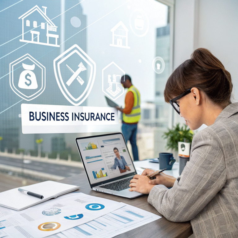 A business owner using a laptop to compare policies on mywebinsurance.com business insurance, with documents and protection icons symbolizing liability, property, and employee coverage.